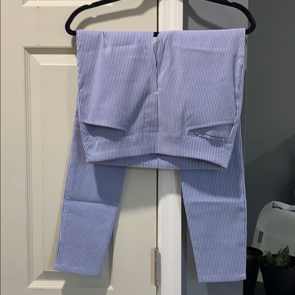 White and blue stripped work pants